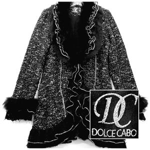Dolce Cabo Black Varigated Ruffled Cardigan/Coat Sweater Racoon Fur Accent